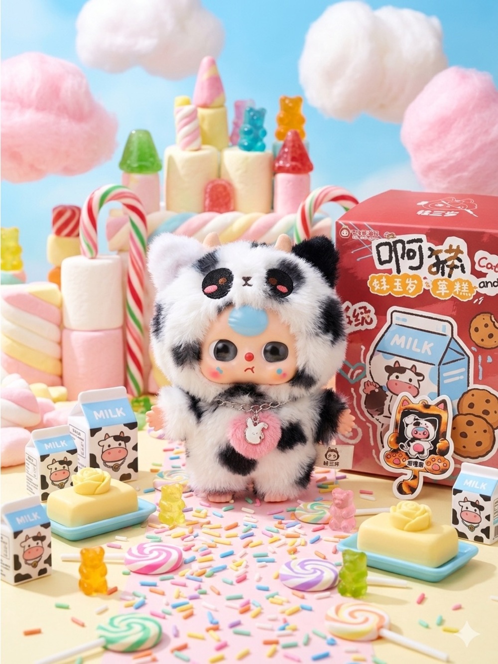 Baby Three Cute Pink & White Panda-Kitty Plush Toy and keychain.